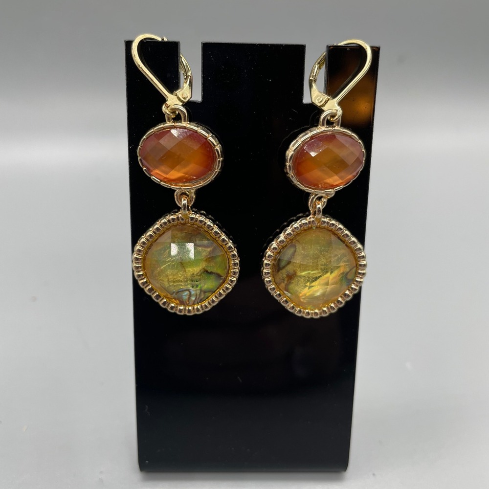 Gold Tone Orange and Iridescent Abalone Shell Drop‎ Earrings Lever Back 2 Inch